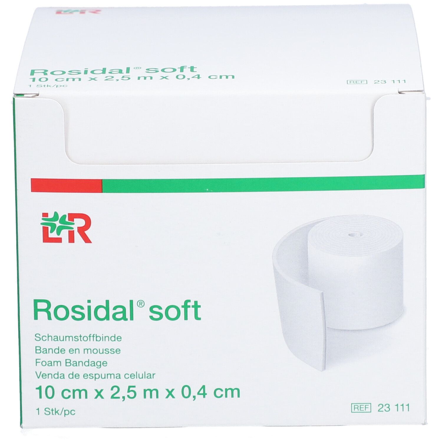 Emballage avec bande de mousse blanche. Inscription : Rosidal soft, 10 cm x 2,5 m x 0,4 cm. Logo L&R. Bande verte et rouge.