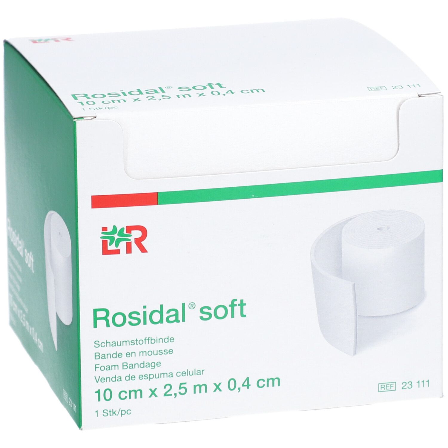 Emballage avec bande de mousse blanche. Inscription : Rosidal soft, 10 cm x 2,5 m x 0,4 cm. Logo L&R. Emballage vert et blanc.