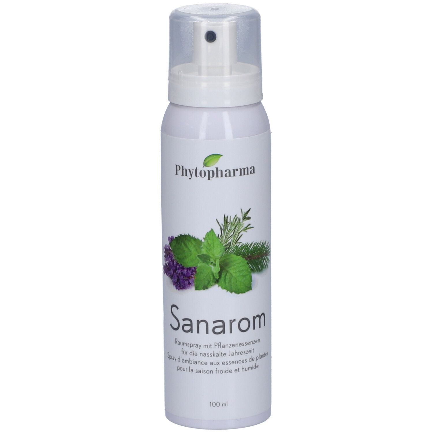 Weißes Spray mit Sprühkopf. Aufschrift: Phytopharma, Sanarom. Illustration von Kräutern. 100 ml.
