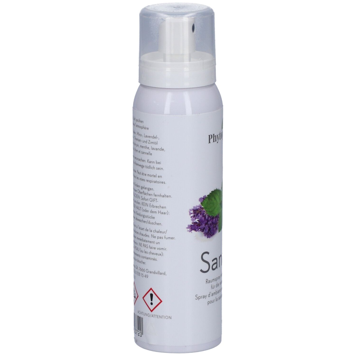 Weißes Spray mit Sprühkopf. Rückseite mit Text und Piktogrammen. Marke: Phytopharma, Sanarom.
