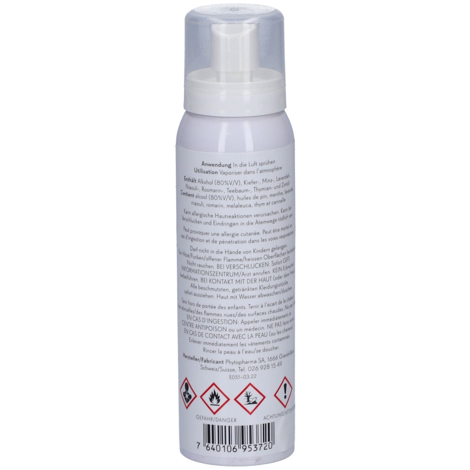 Weißes Spray mit Sprühkopf. Rückseite mit Text und Piktogrammen. Marke: Phytopharma, Sanarom.