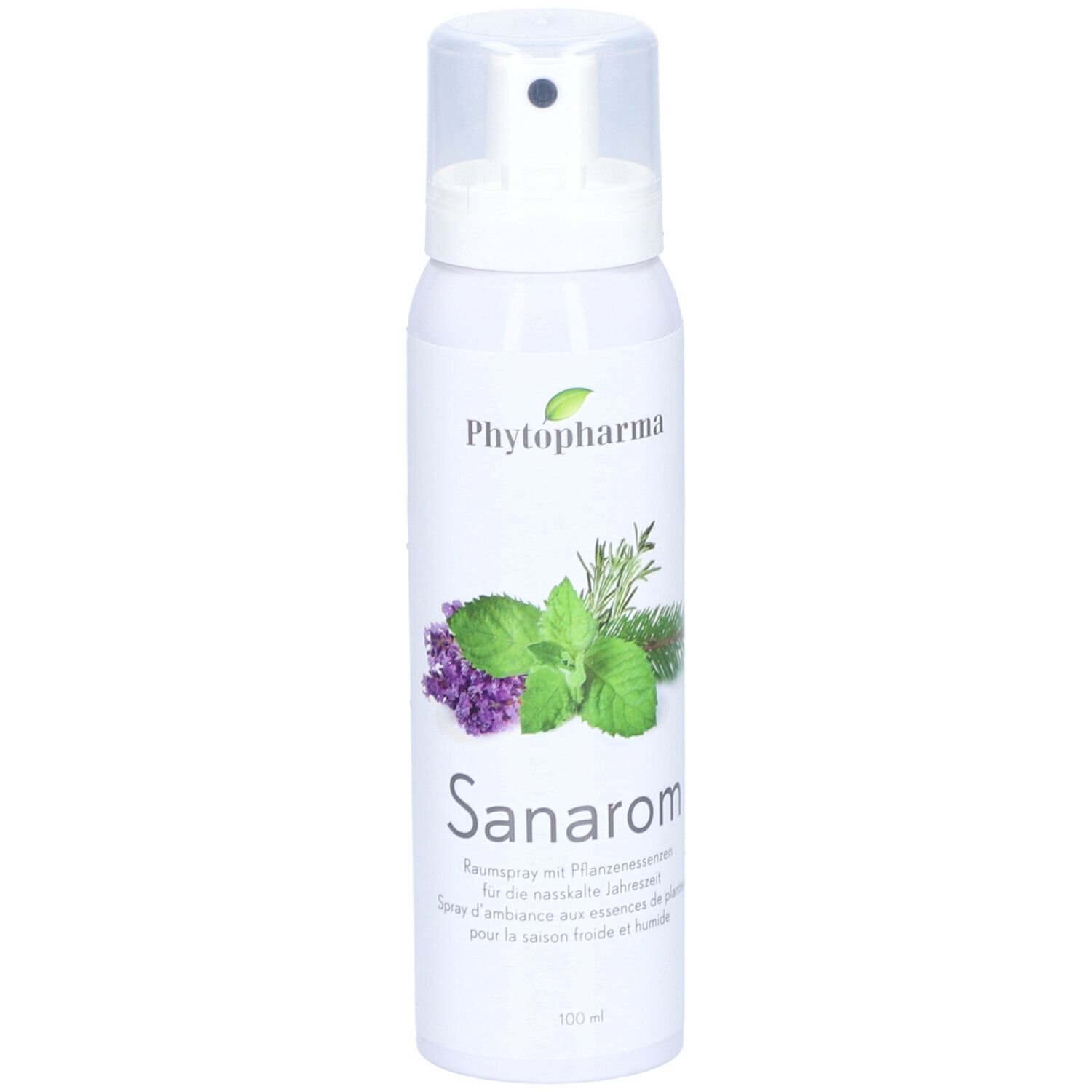 Weißes Spray mit Sprühkopf. Aufschrift: Phytopharma, Sanarom. Illustration von Kräutern. 100 ml.