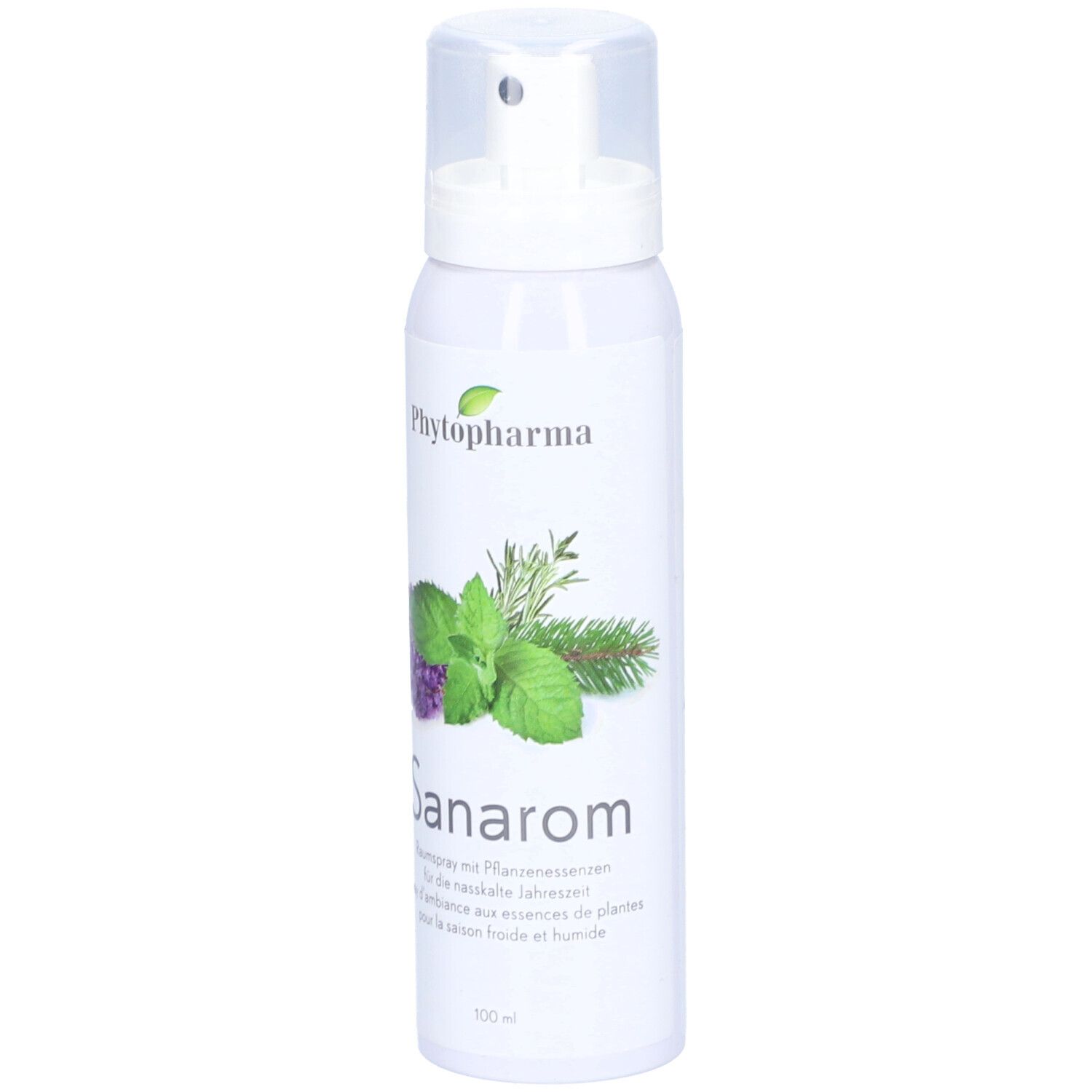 Weißes Spray mit Sprühkopf. Aufschrift: Phytopharma, Sanarom. Illustration von Kräutern. 100 ml.