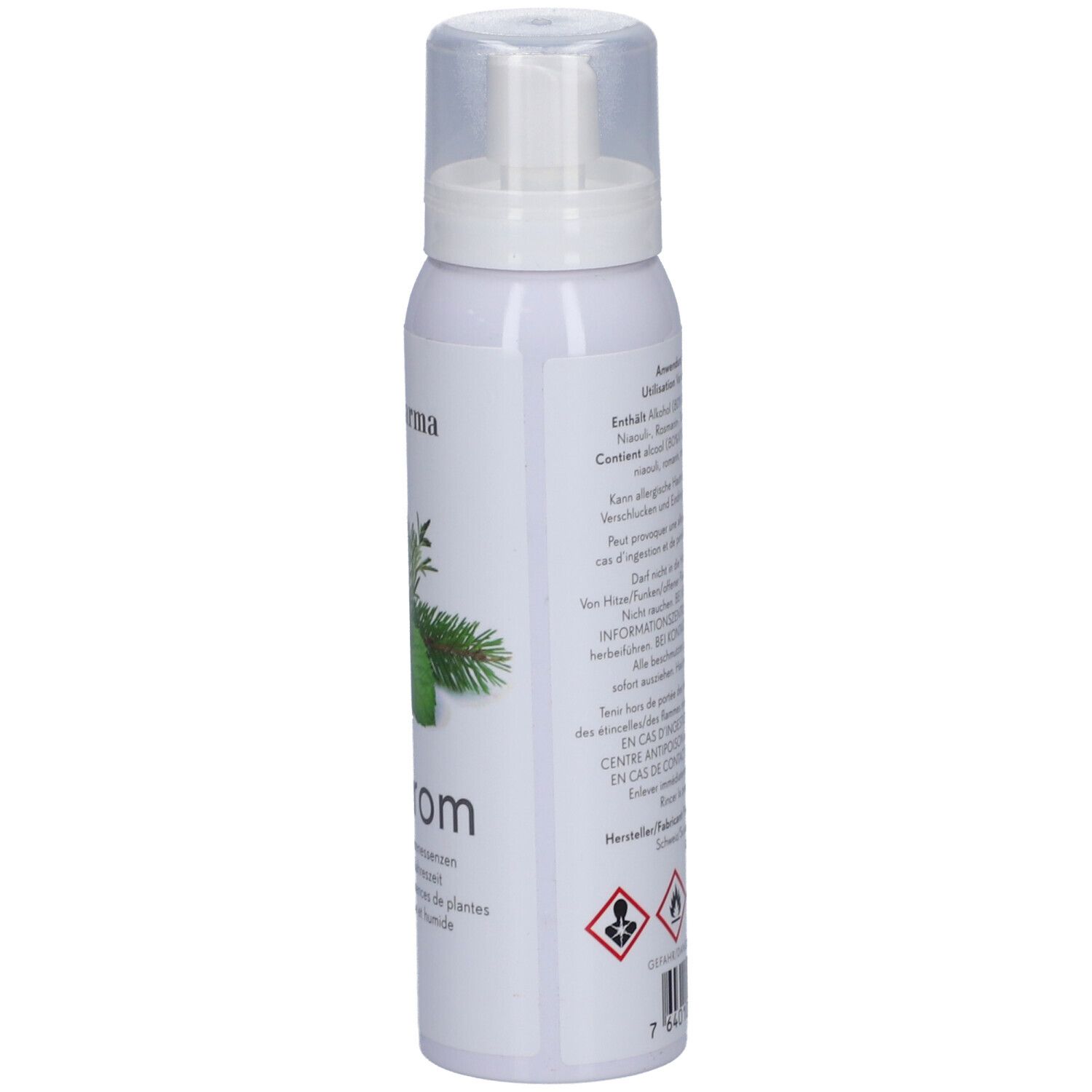 Weißes Spray mit Sprühkopf. Rückseite mit Text und Piktogrammen. Marke: Phytopharma, Sanarom.