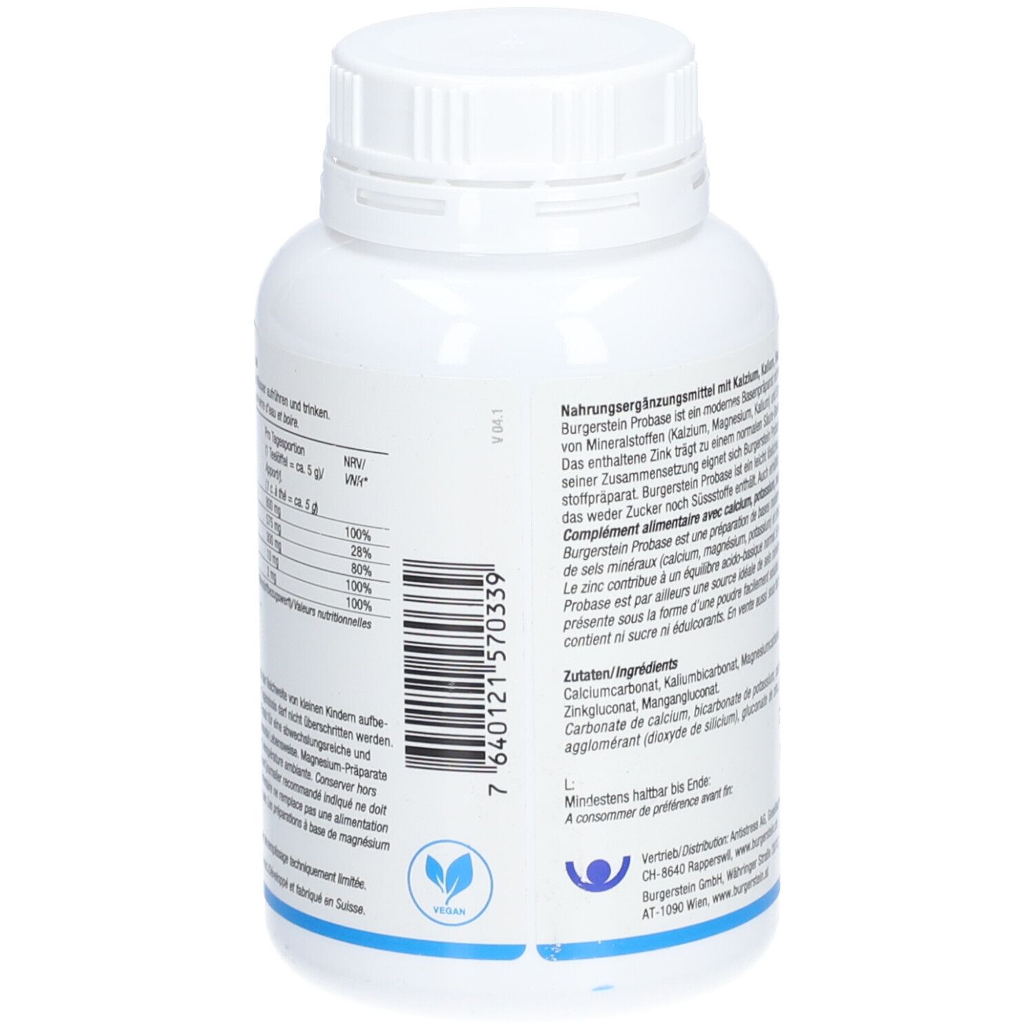 Rückseite der weißen Dose. Text über Inhaltsstoffe und Nährwerte. Barcode und Logo.