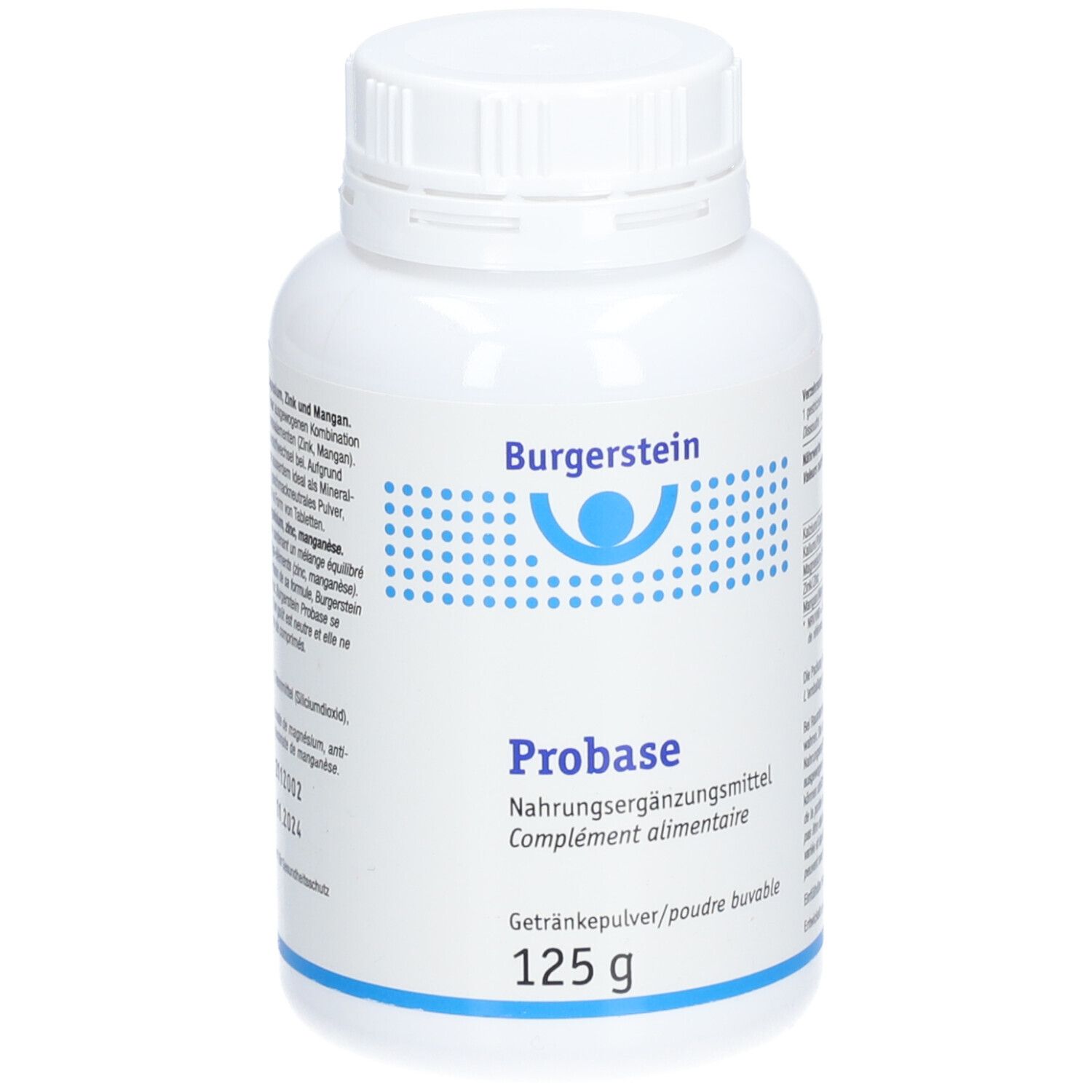 Weiße Dose mit Schraubverschluss. Aufschrift Burgerstein, Probase, Nahrungsergänzungsmittel, 125 g.