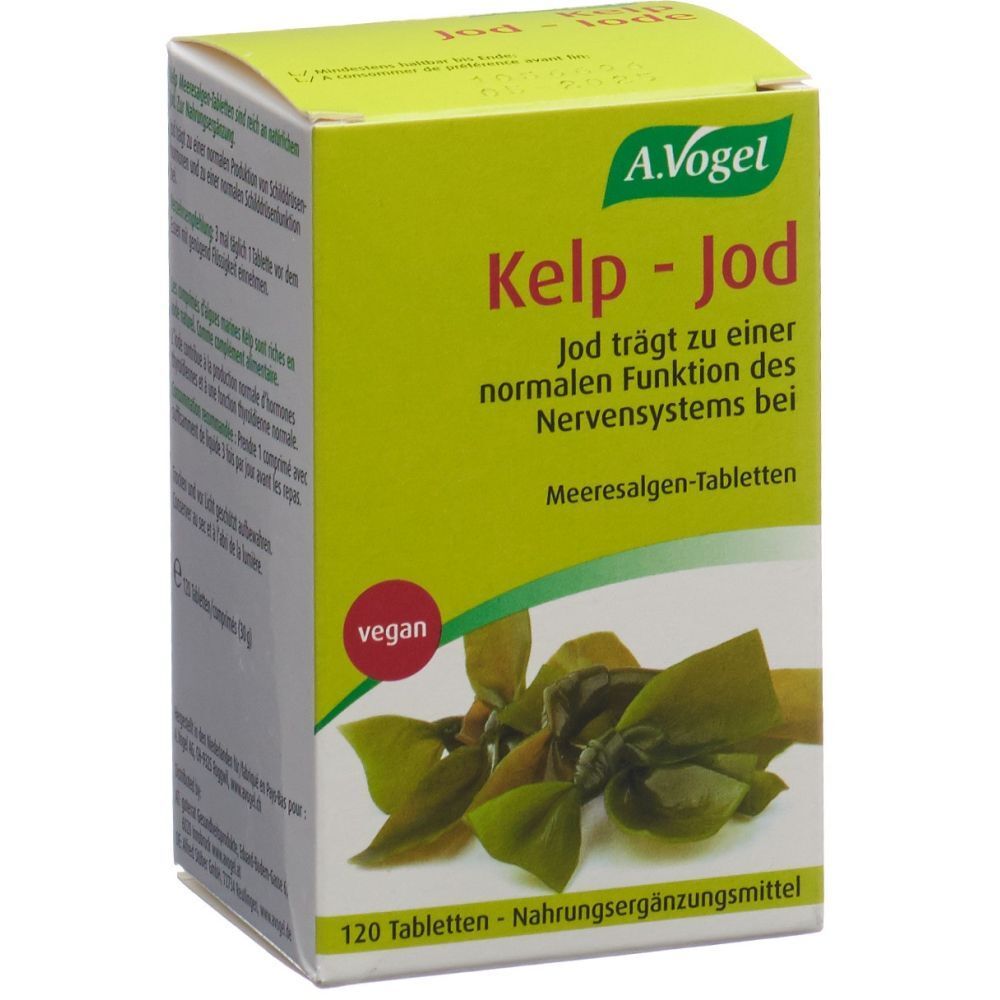 Boîte jaune A. Vogel Kelp-Jod. Inscription : Kelp-Jod, 120 comprimés, vegan. Illustration d'algues.