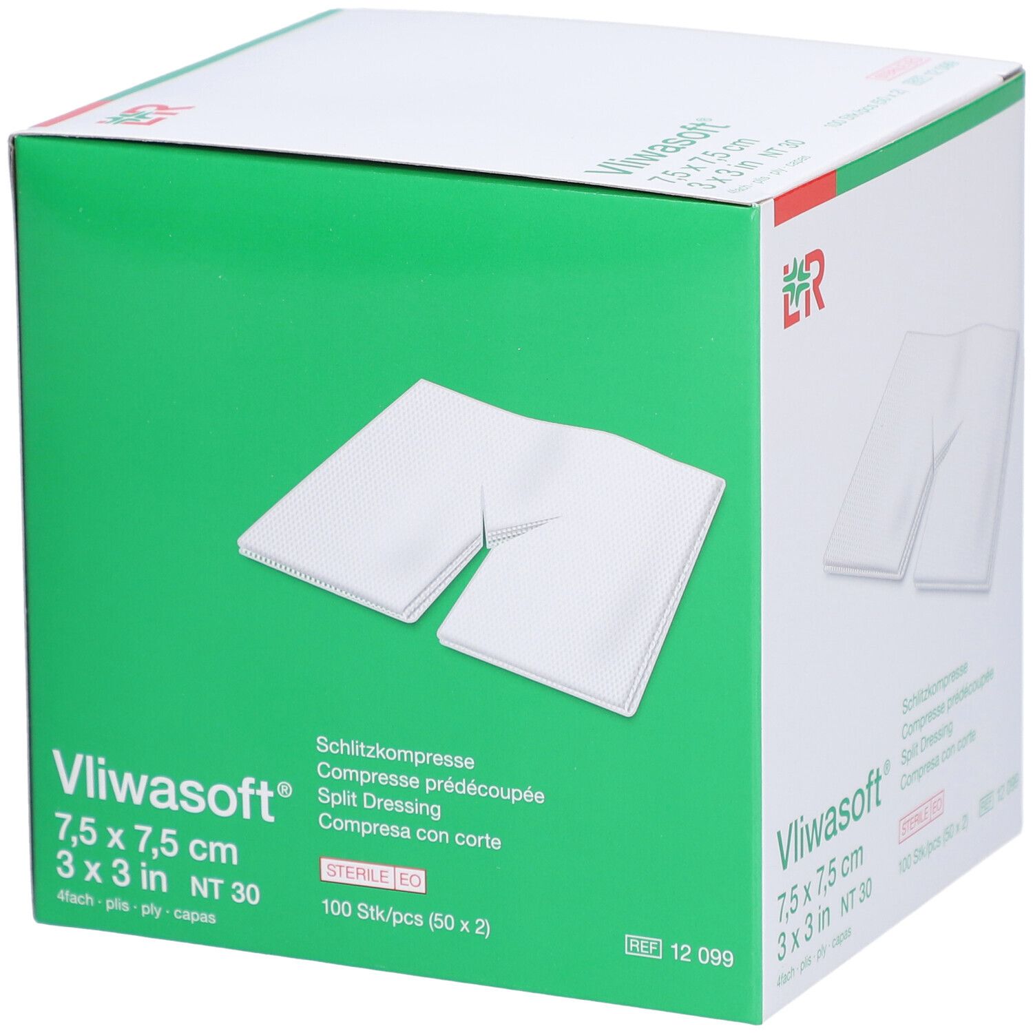 Boîte verte de compresses fendues Vliwasoft® 7,5 x 7,5 cm. Emballage avec image et informations.