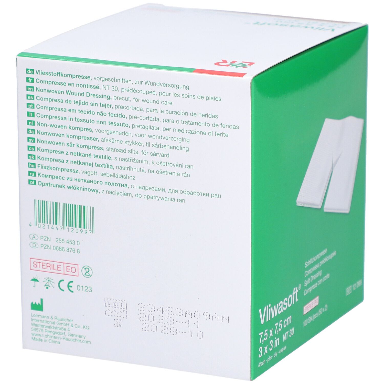 Dos de la boîte verte de compresses fendues Vliwasoft®. Informations multilingues et logos.