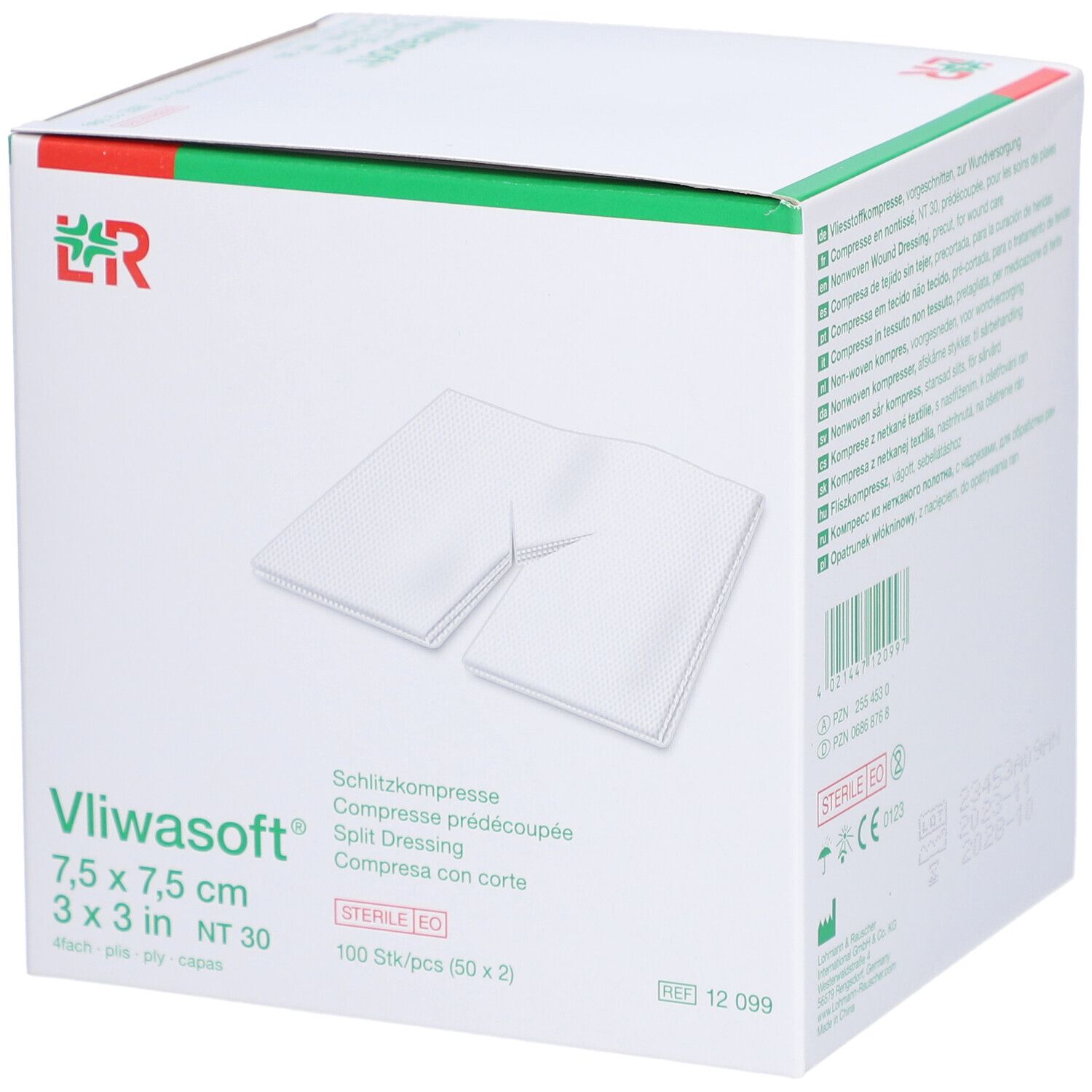 Boîte de compresses fendues Vliwasoft® 7,5 x 7,5 cm. Emballage avec image du produit et informations.