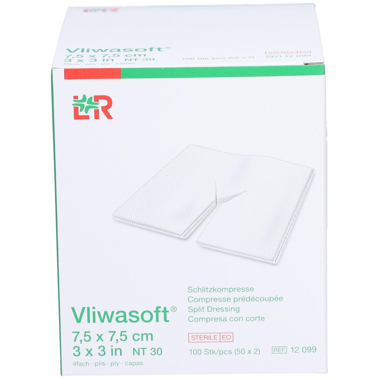 Boîte de compresses fendues Vliwasoft® 7,5 x 7,5 cm. Emballage avec image du produit et informations.