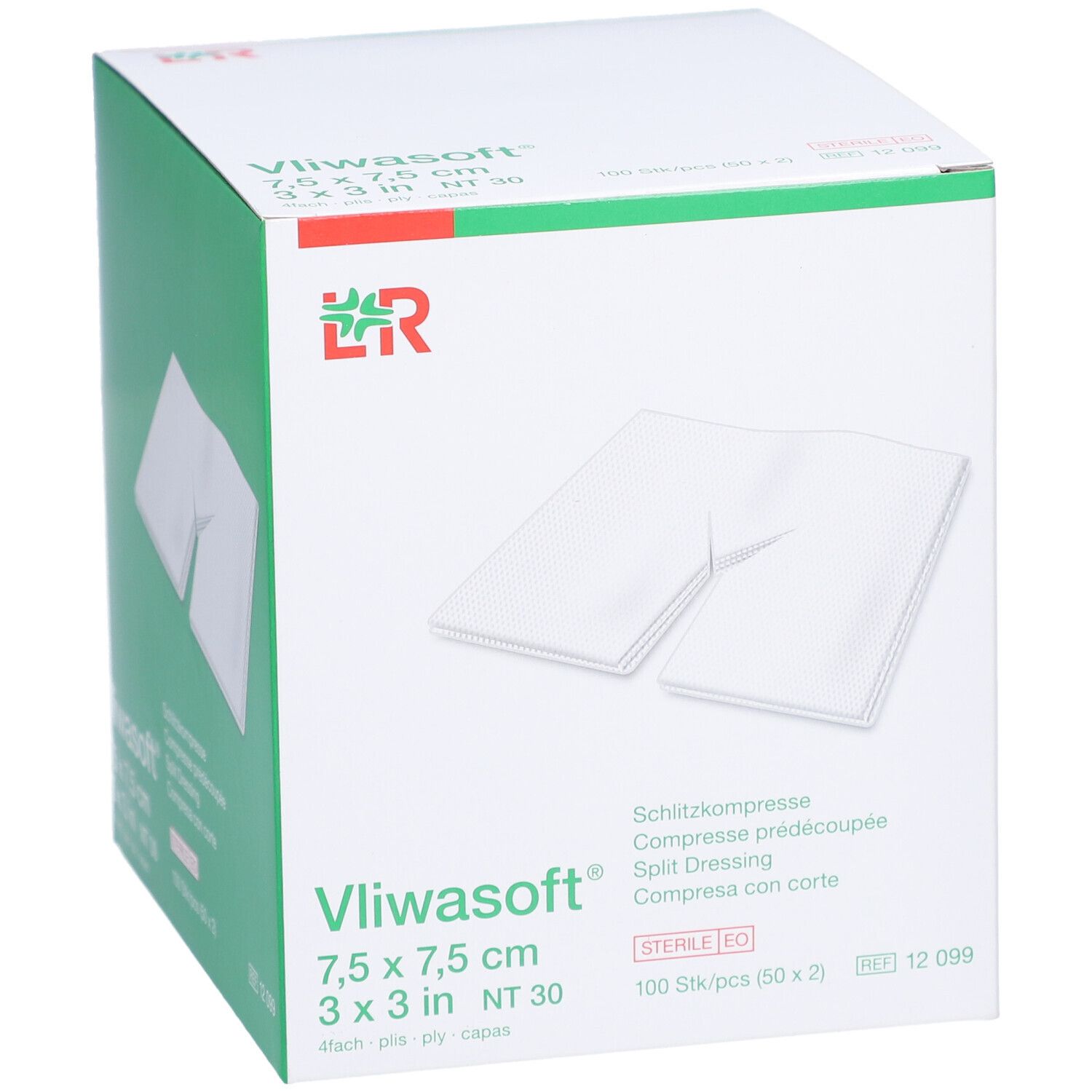 Boîte de compresses fendues Vliwasoft® 7,5 x 7,5 cm. Emballage avec image du produit et informations.