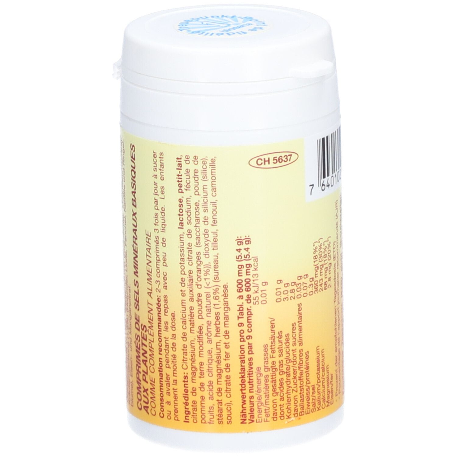 Boîte blanche avec étiquette jaune. Ingrédients et informations nutritionnelles. Inscription ERBASIT.