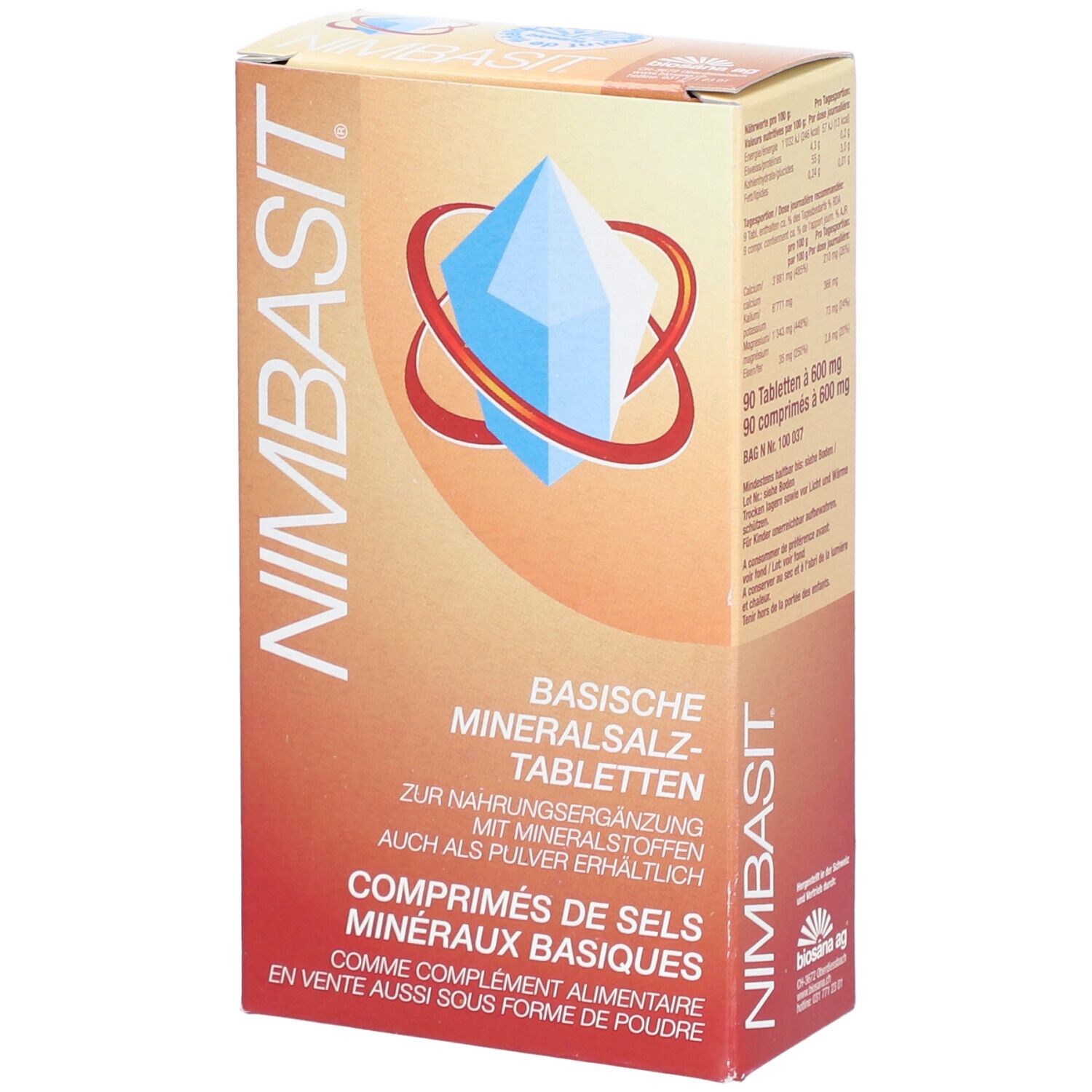 Boîte de comprimés NIMBASIT. Inscription: Comprimés de sels minéraux basiques. Logo: cristal bleu avec anneau rouge. 90 comprimés.