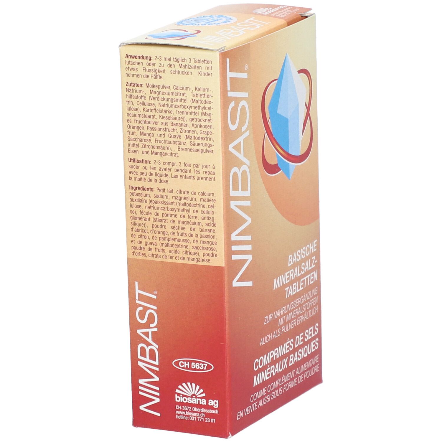 Vue latérale de l'emballage des comprimés NIMBASIT. Texte: Comprimés de sels minéraux basiques. Logo: cristal bleu avec anneau rouge. Fabricant: biosana ag.