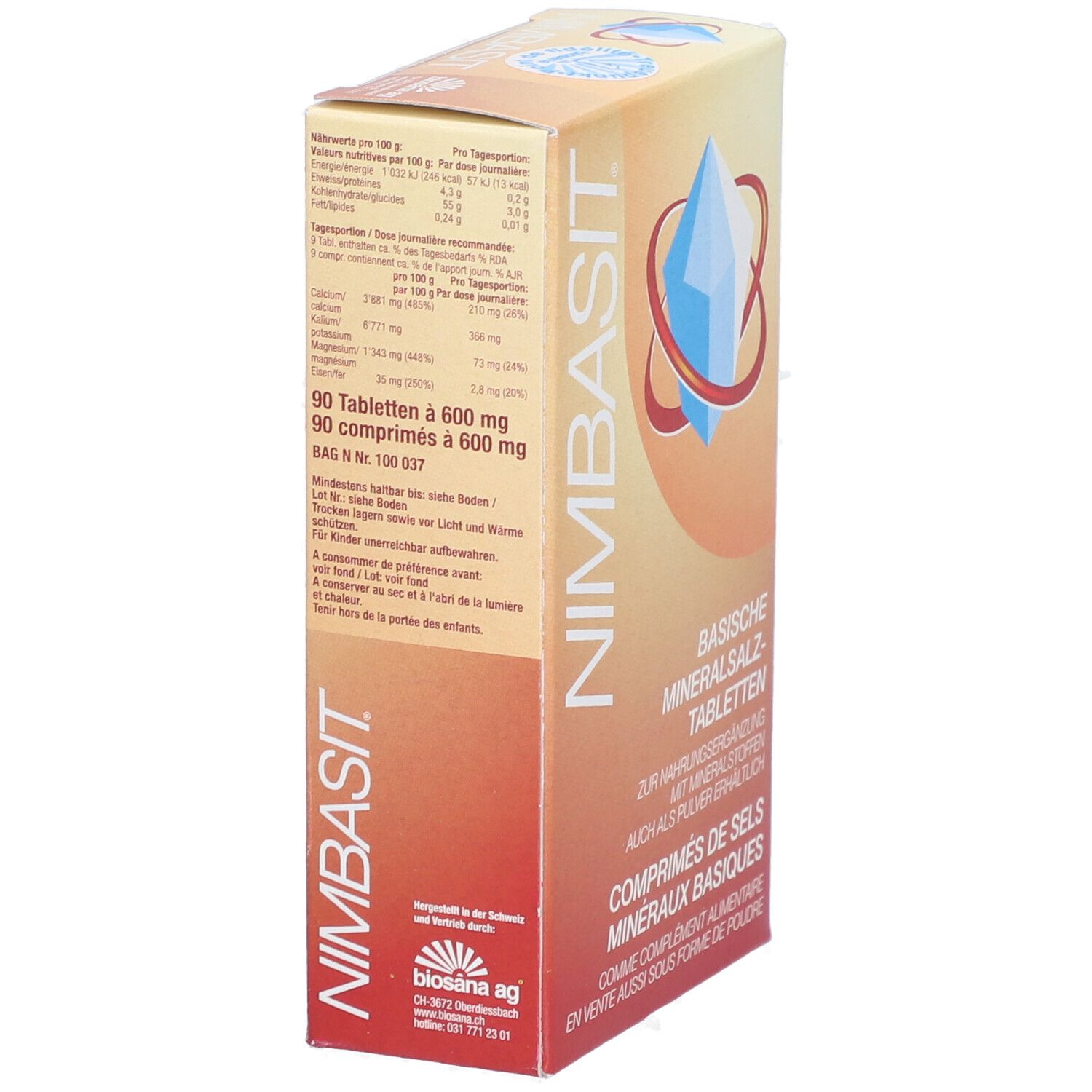 Vue latérale de l'emballage des comprimés NIMBASIT. Texte: Comprimés de sels minéraux basiques. Logo: cristal bleu avec anneau rouge. Informations nutritionnelles.