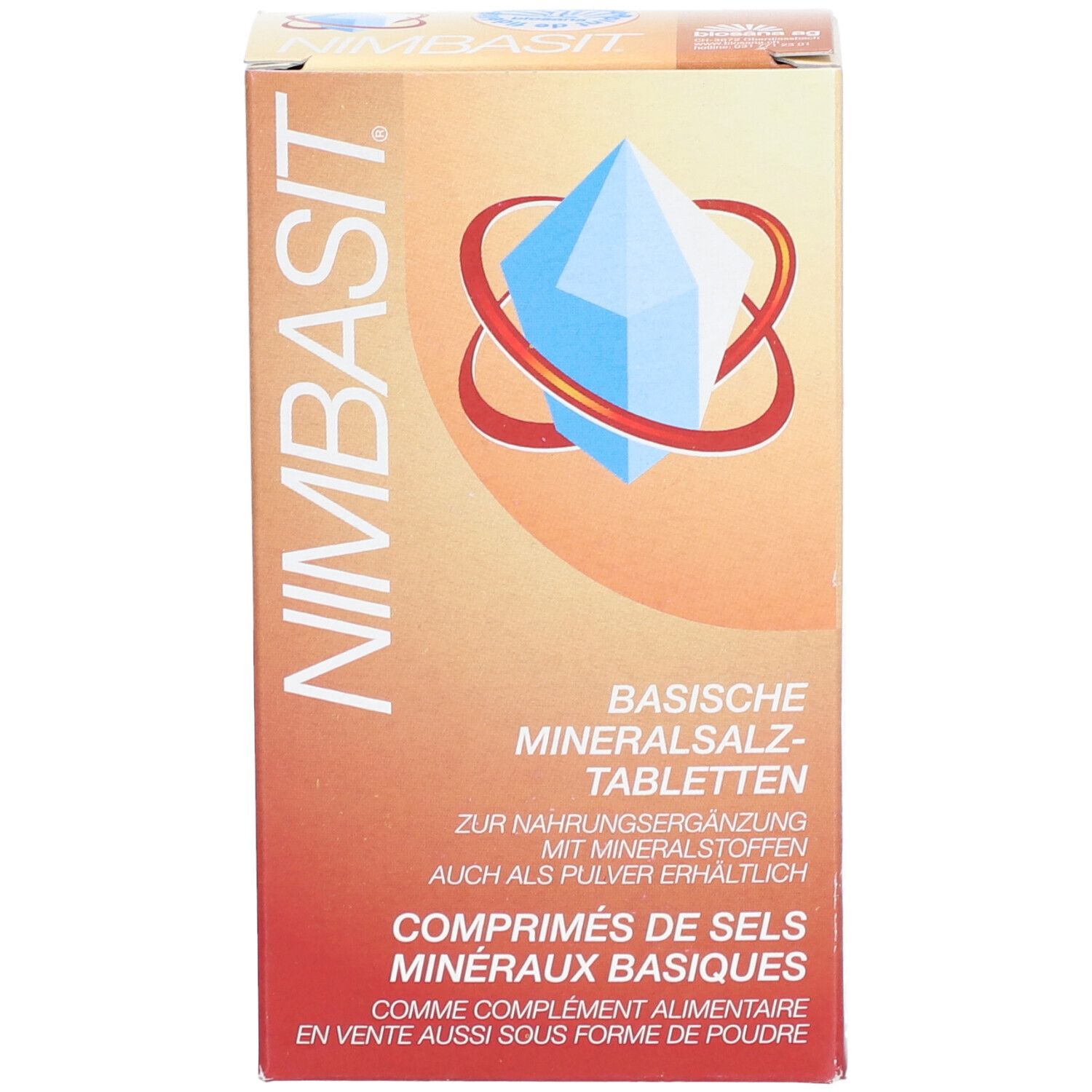 Vue de face de l'emballage des comprimés NIMBASIT. Inscription: Comprimés de sels minéraux basiques. Logo: cristal bleu avec anneau rouge.