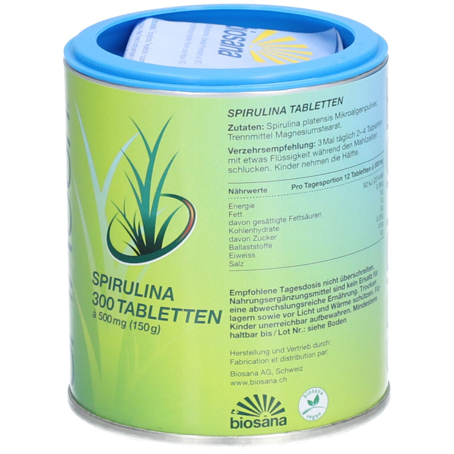 Boîte cylindrique avec inscription "SPIRULINA 300 TABLETTEN". Couvercle bleu. Fond vert et blanc. Logo "biosana".