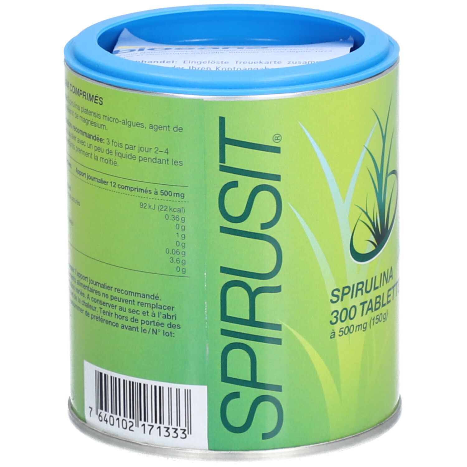 Boîte cylindrique "SPIRUSIT" et "Spirulina 300 TABLET". Couvercle bleu. Fond vert et blanc. Code-barres.