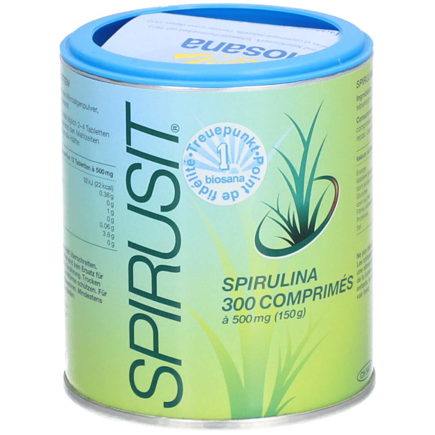 Boîte cylindrique "SPIRUSIT" et "Spirulina 300 COMPRIMÉS". Couvercle bleu. Fond vert et blanc. Logo "biosana".