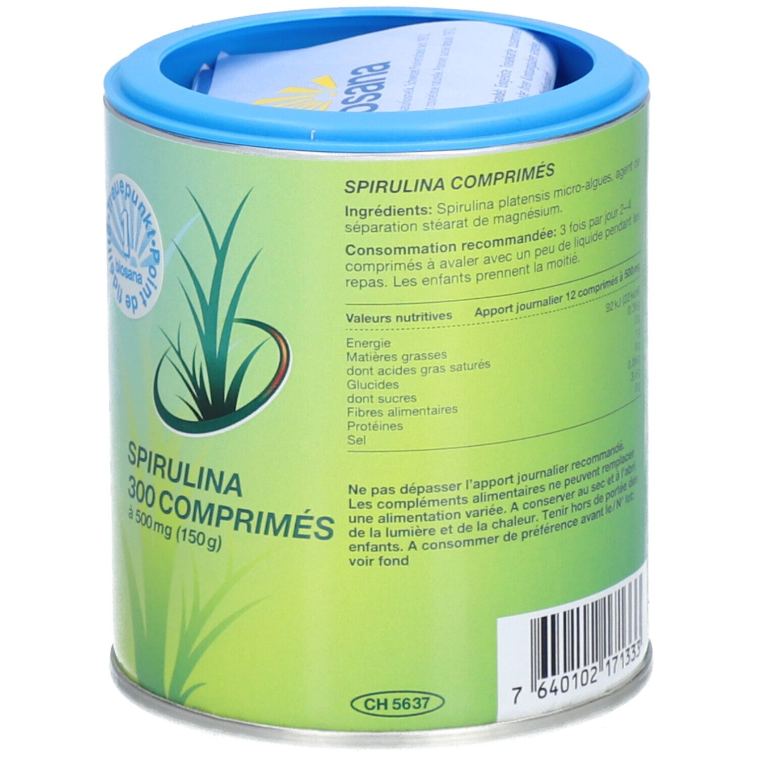 Boîte cylindrique "SPIRULINA 300 COMPRIMÉS". Couvercle bleu. Fond vert et blanc. Texte et code-barres.