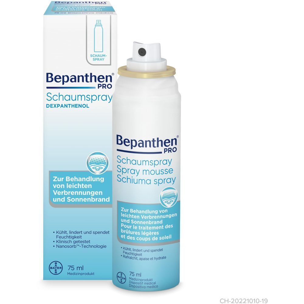 Bepanthen PRO Schaumspray, 75 ml Flasche und Verpackung. Zur Behandlung von leichten Verbrennungen und Sonnenbrand.