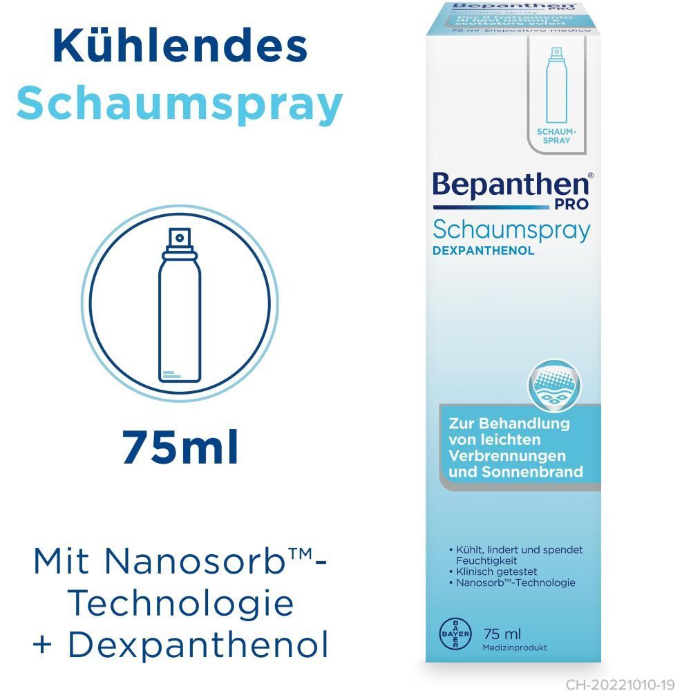 Bepanthen PRO Schaumspray, 75ml. Verpackung mit Produktabbildung und Text. Enthält Dexpanthenol und Nanosorb Technologie.