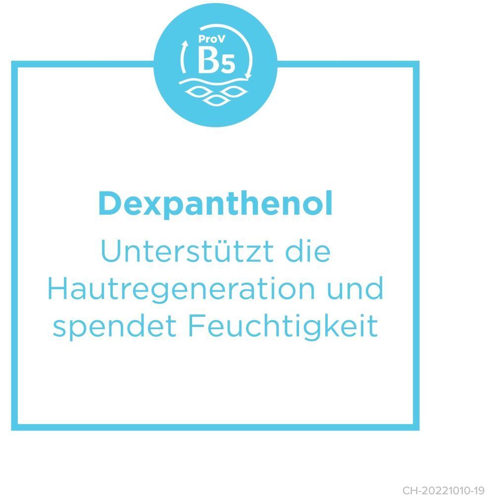 Textfeld mit Text: Dexpanthenol unterstützt die Hautregeneration und spendet Feuchtigkeit. Logo B5.