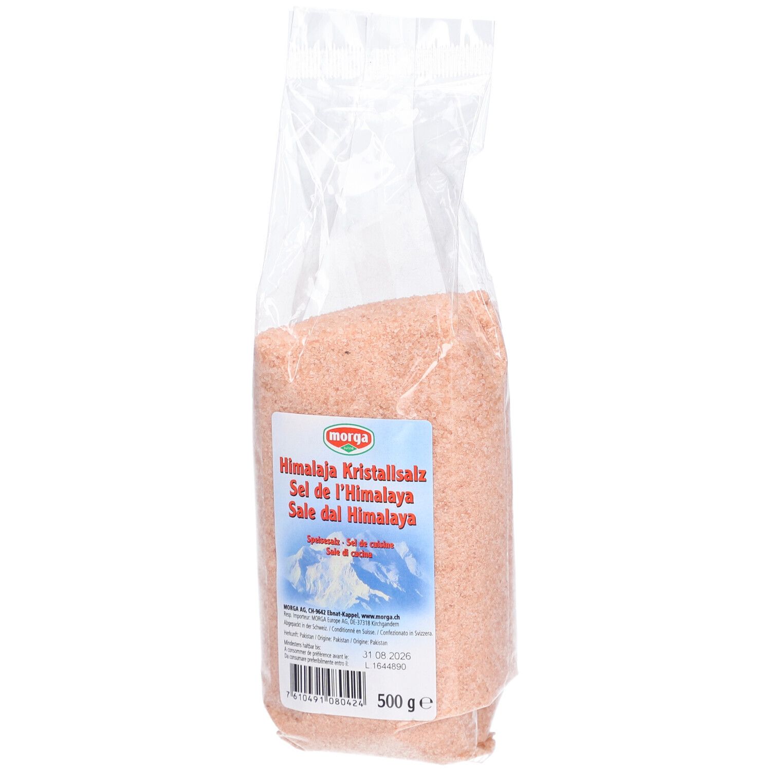 Transparente Tüte mit rosa Himalaya-Kristallsalz. Aufdruck mit Produktname und Marke MORGA. 500 g.