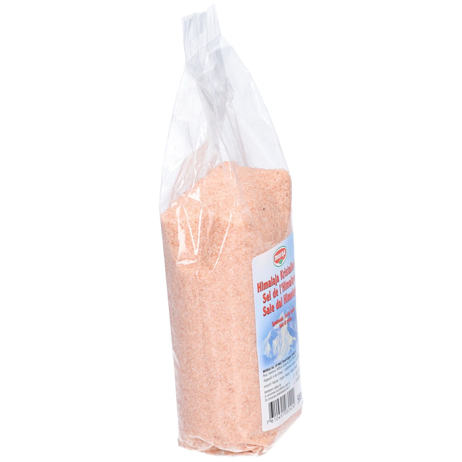 Schrägansicht einer transparenten Tüte mit rosa Himalaya-Kristallsalz. Aufdruck mit Produktname und Marke MORGA.