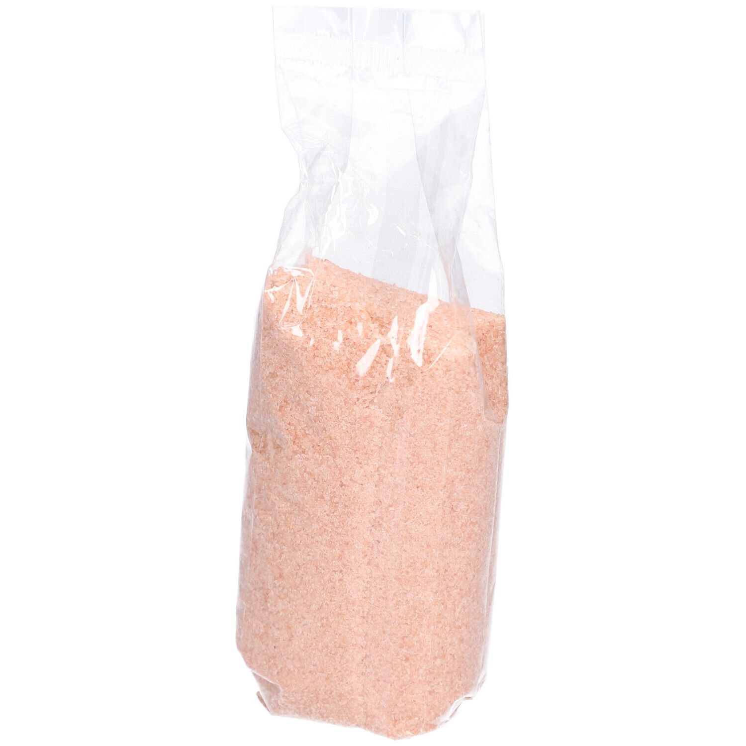 Transparente Tüte mit rosa Himalaya-Kristallsalz. Produkt ist sichtbar. Keine weiteren Details.