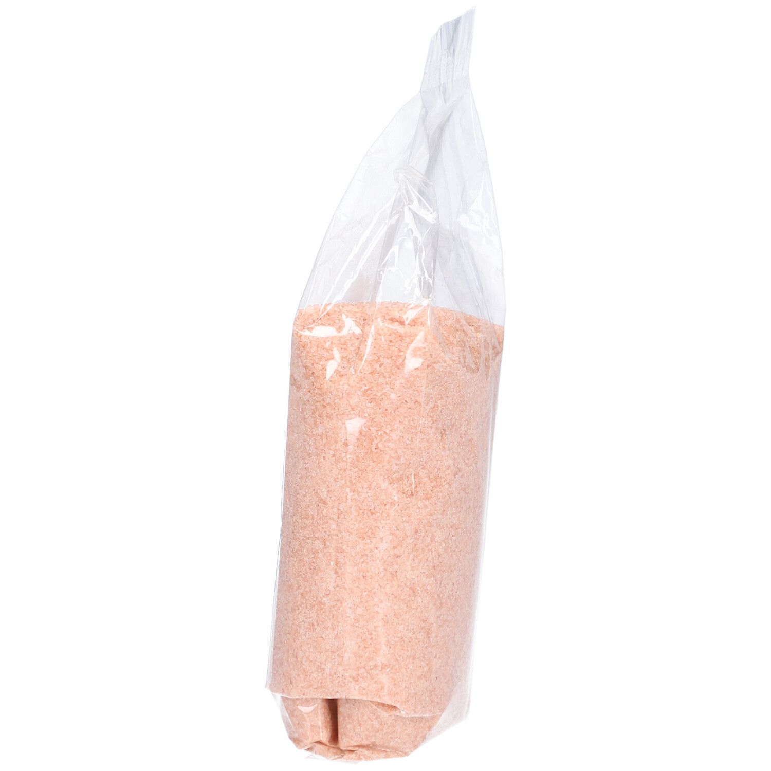 Schrägansicht einer transparenten Tüte mit rosa Himalaya-Kristallsalz. Produkt ist sichtbar. Keine weiteren Details.