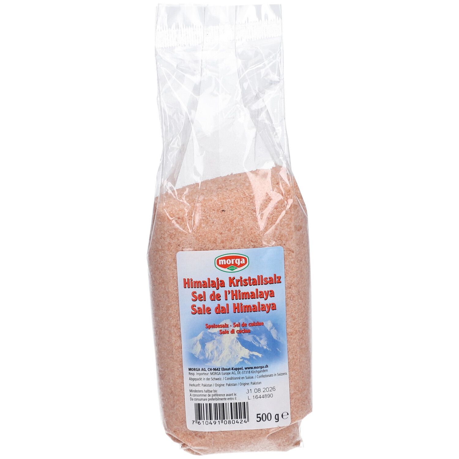 Transparente Tüte mit rosa Himalaya-Kristallsalz. Aufdruck mit Produktname und Marke MORGA. 500 g.