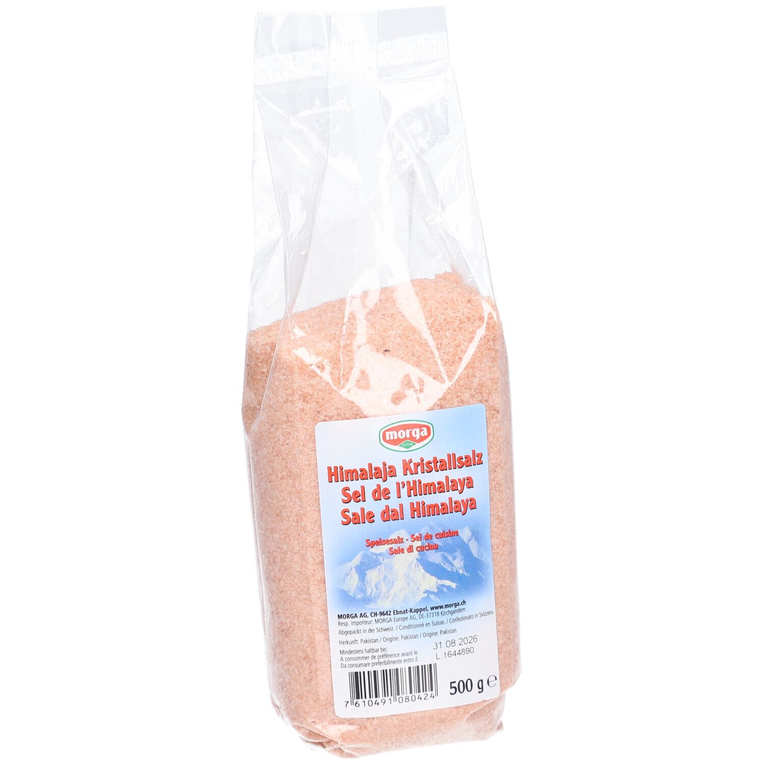 Schrägansicht einer transparenten Tüte mit rosa Himalaya-Kristallsalz. Aufdruck mit Produktname und Marke MORGA. 500 g.