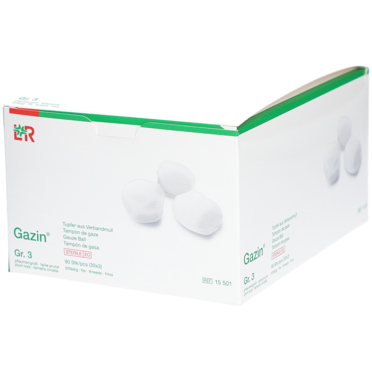Verpackung mit Gazin® Tupfern Gr. 3. Weiße Tupfer, grüne Akzente. Produktname und Größe deutlich sichtbar.