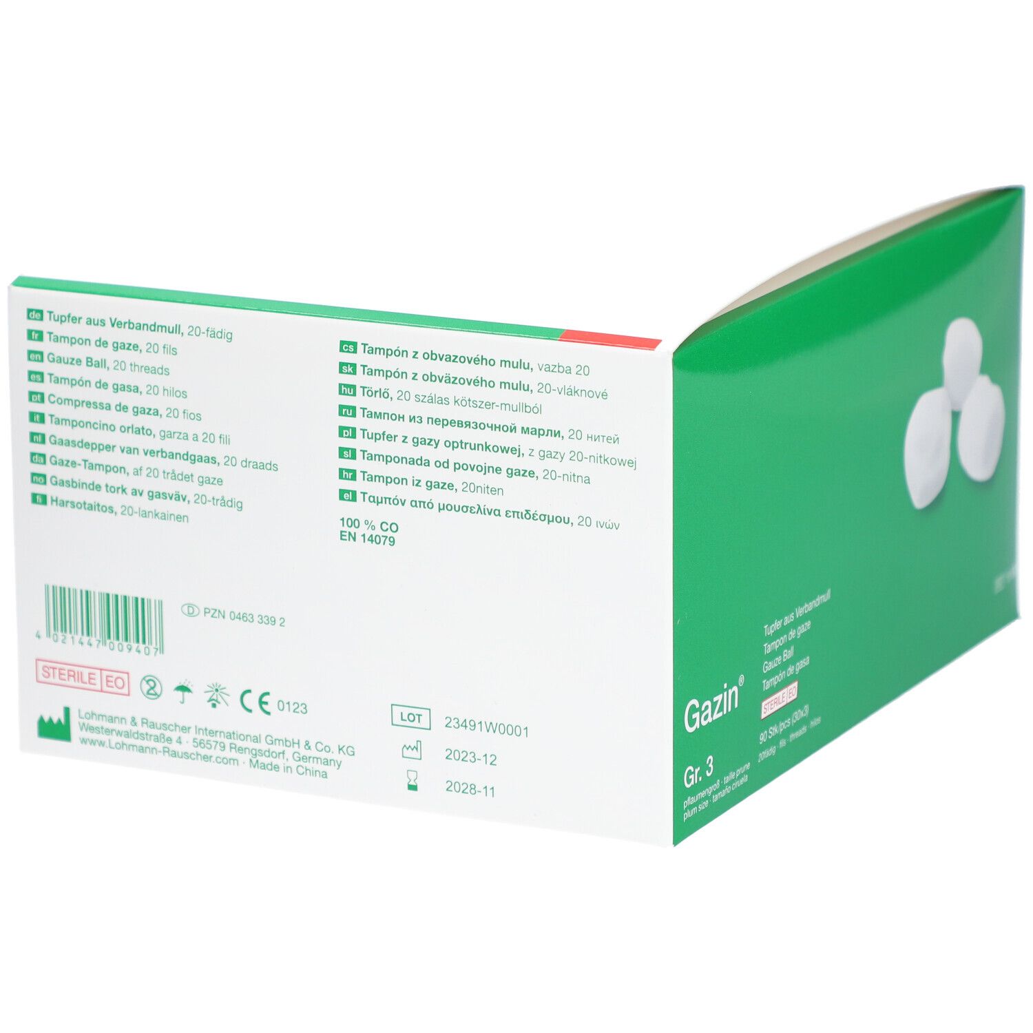 Rückseite der Gazin® Tupfer Gr. 3 Verpackung. Mehrsprachige Produktinformationen, Chargennummer, Haltbarkeitsdatum.