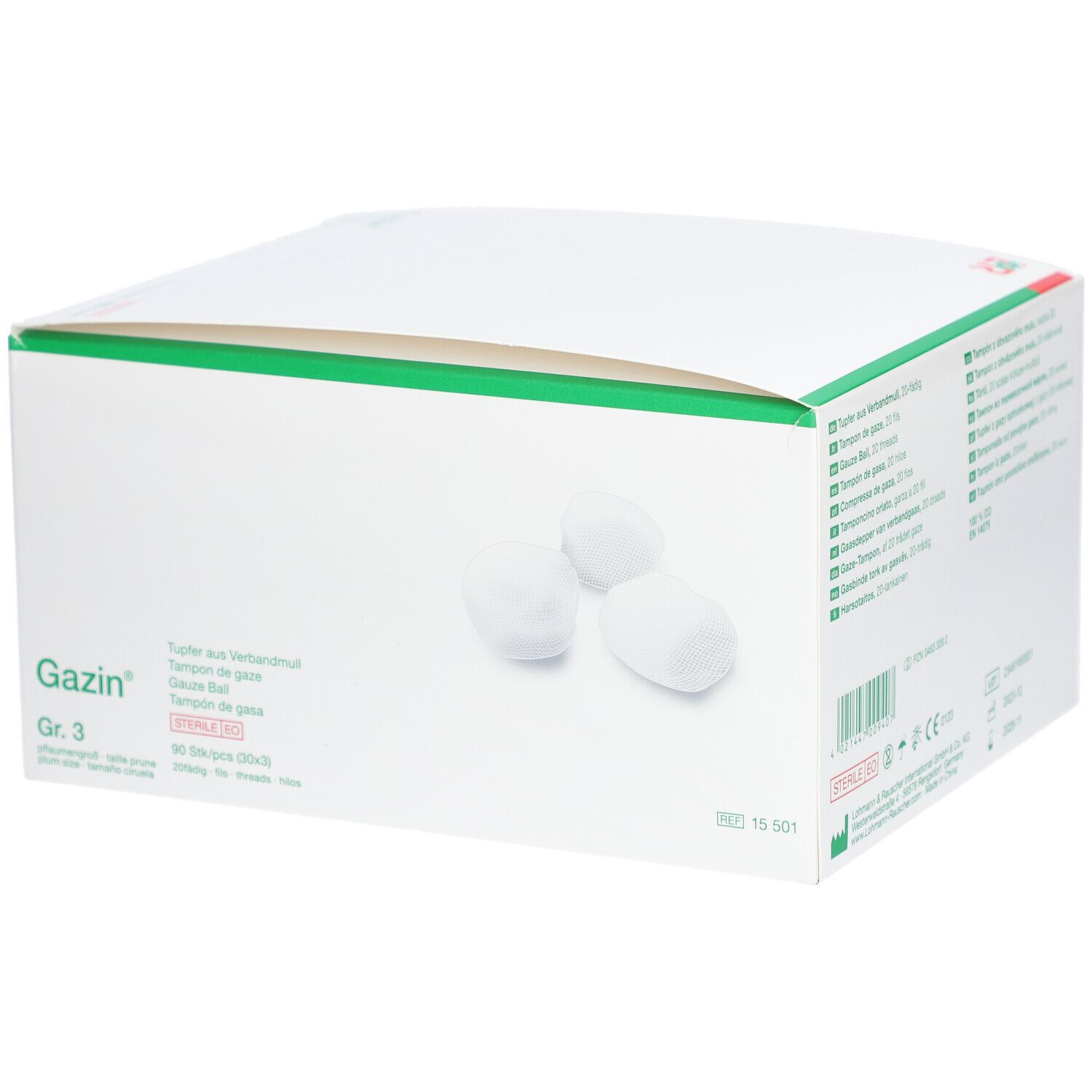 Gazin® Tupfer Gr. 3 Verpackung. Weiße Tupfer, grüne Verpackung. Produktname und Größe deutlich sichtbar.