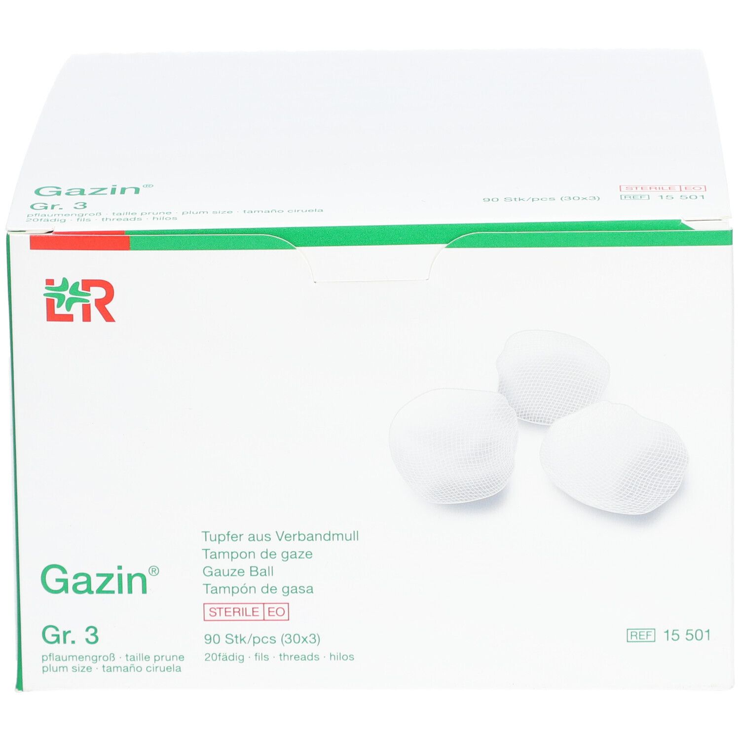 Gazin® Tupfer Gr. 3 Verpackung. Weiße Tupfer, grüne Verpackung. Produktname und Größe deutlich sichtbar.