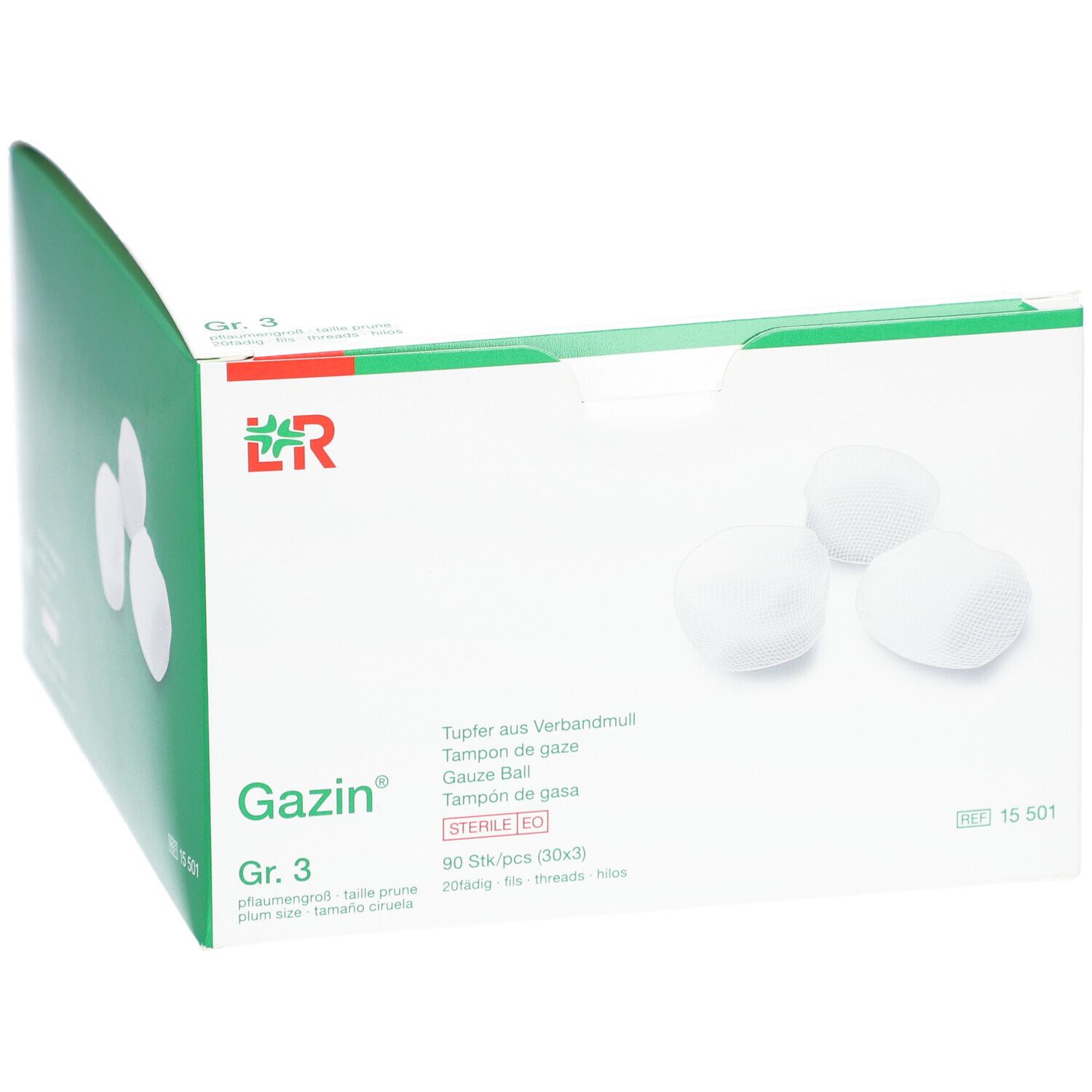 Gazin® Tupfer Gr. 3 Verpackung. Weiße Tupfer, grüne Verpackung. Produktname und Größe deutlich sichtbar.