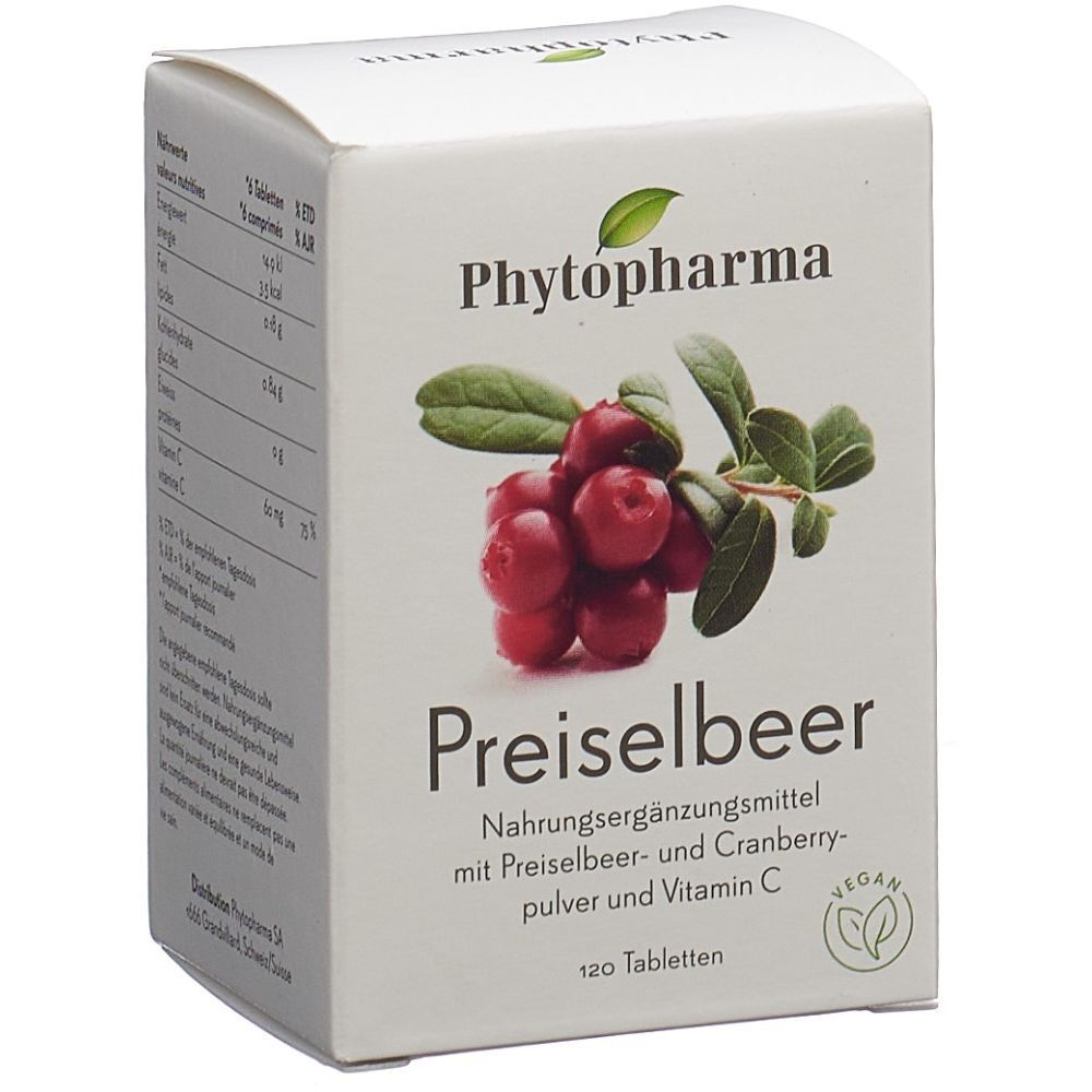 Weiße Schachtel mit Produktaufdruck. Aufschrift: PHYTOPHARMA, Preiselbeer, 120 Tabletten. Abbildung von Preiselbeeren.