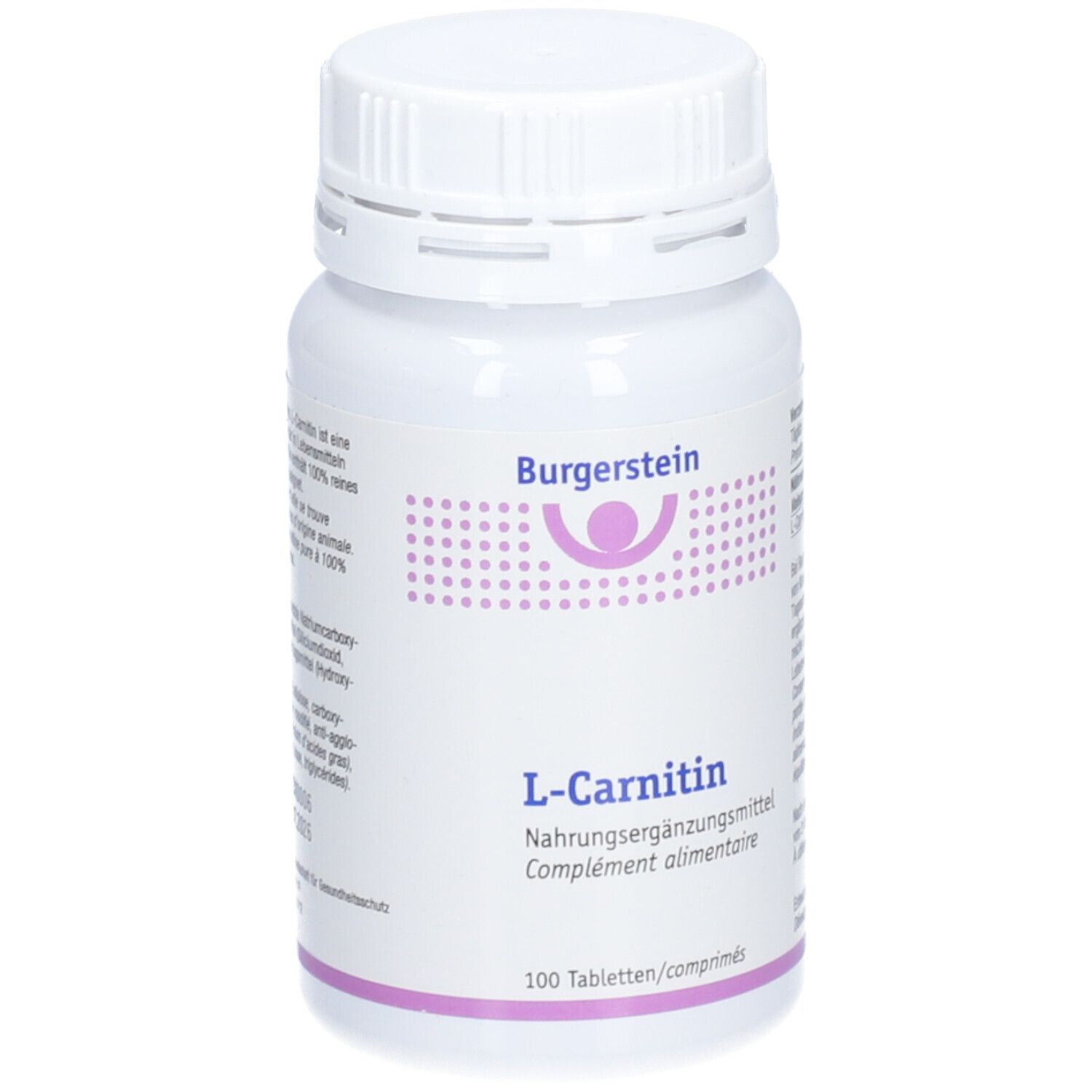 Weißes Tabletten-Behältnis mit Schraubverschluss. Aufschrift: Burgerstein, L-Carnitin, 100 Tabletten/comprimés.