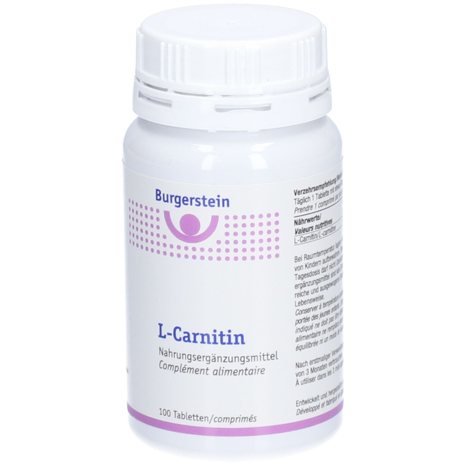 Weißes Tabletten-Behältnis mit Schraubverschluss. Aufschrift: Burgerstein, L-Carnitin, 100 Tabletten/comprimés.