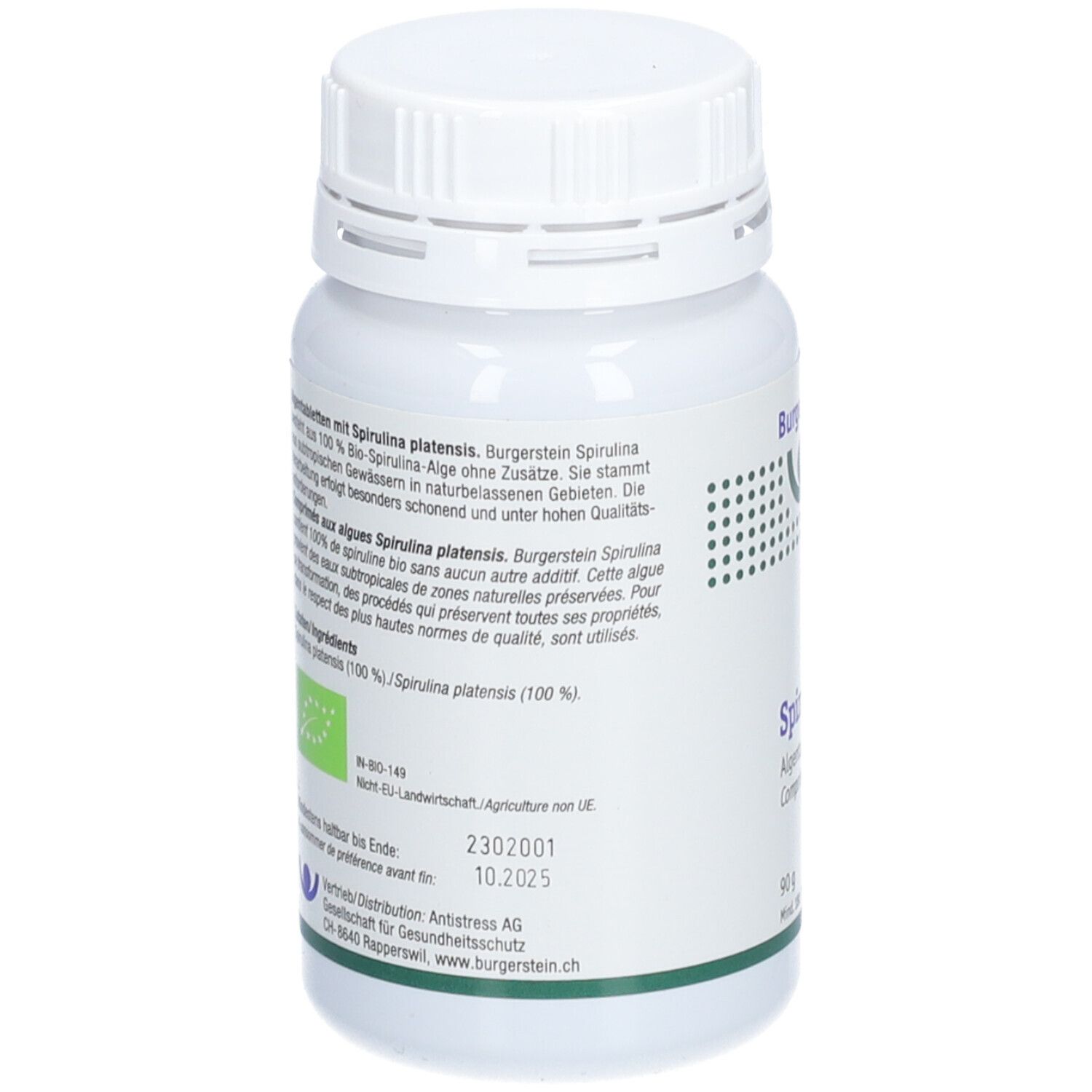 Rückseite der weißen Flasche. Text mit Informationen zu Spirulina platensis, Bio-Zertifizierung, Mindesthaltbarkeitsdatum.