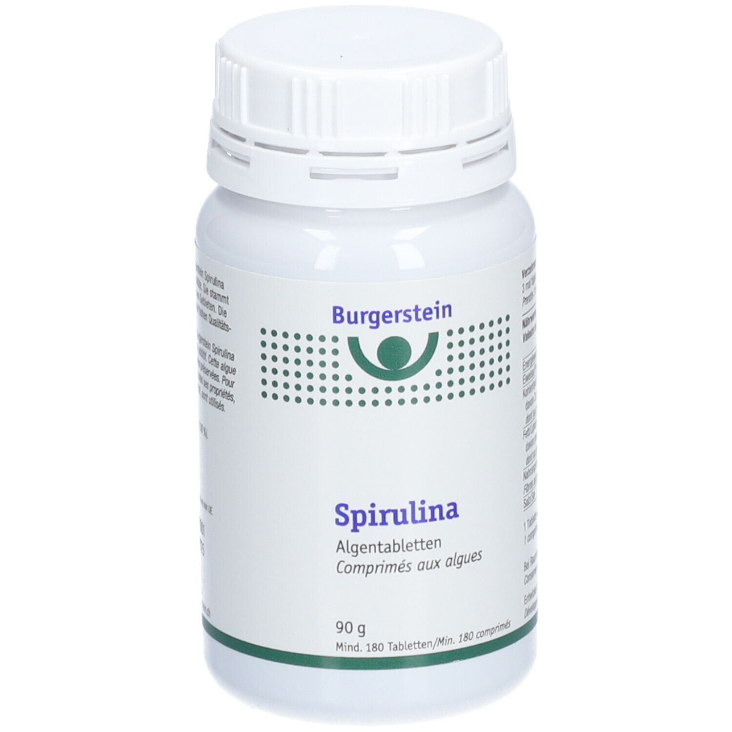 Weiße Flasche mit Schraubverschluss. Aufschrift Burgerstein Spirulina, Algentabletten, 90g, 180 Tabletten.