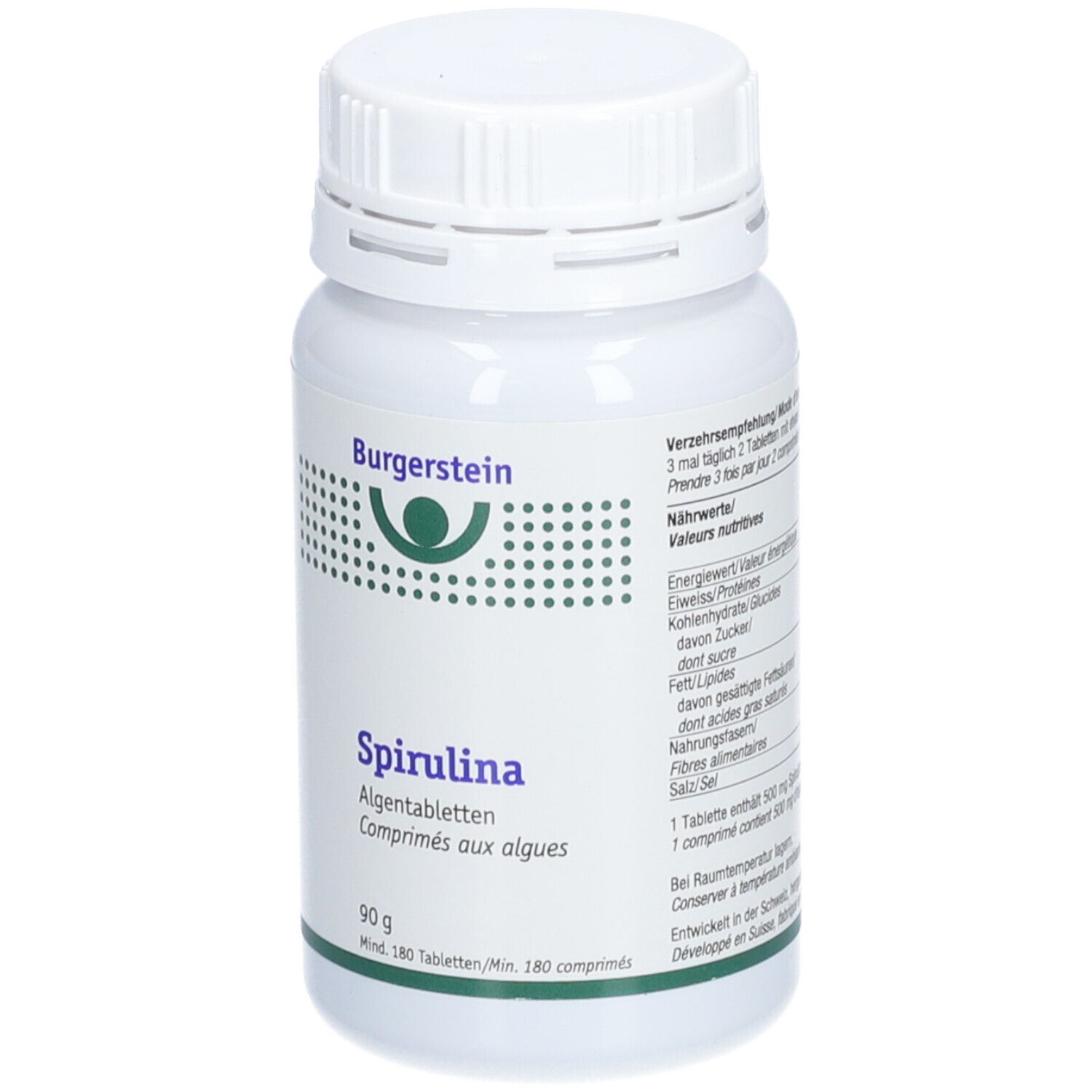Weiße Flasche mit Schraubverschluss. Aufschrift Burgerstein Spirulina, Nährwertangaben, 90g, 180 Tabletten.
