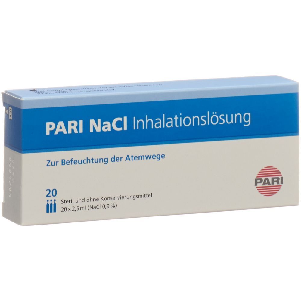 Boîte bleue et blanche PARI NaCl Inhalationslösung. Texte : Pour l'humidification des voies respiratoires. 20 ampoules. Logo PARI.