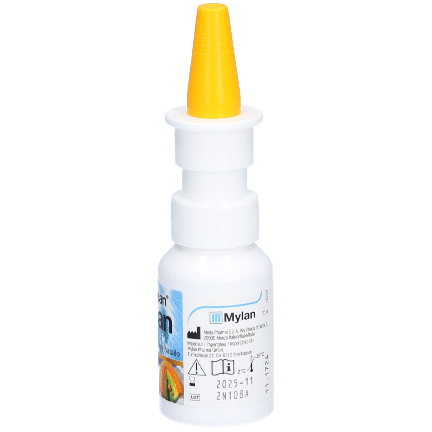 Weiße Flasche mit gelbem Sprühkopf. Aufschrift: Mylan. Text und CE-Zeichen. Haltbarkeitsdatum.