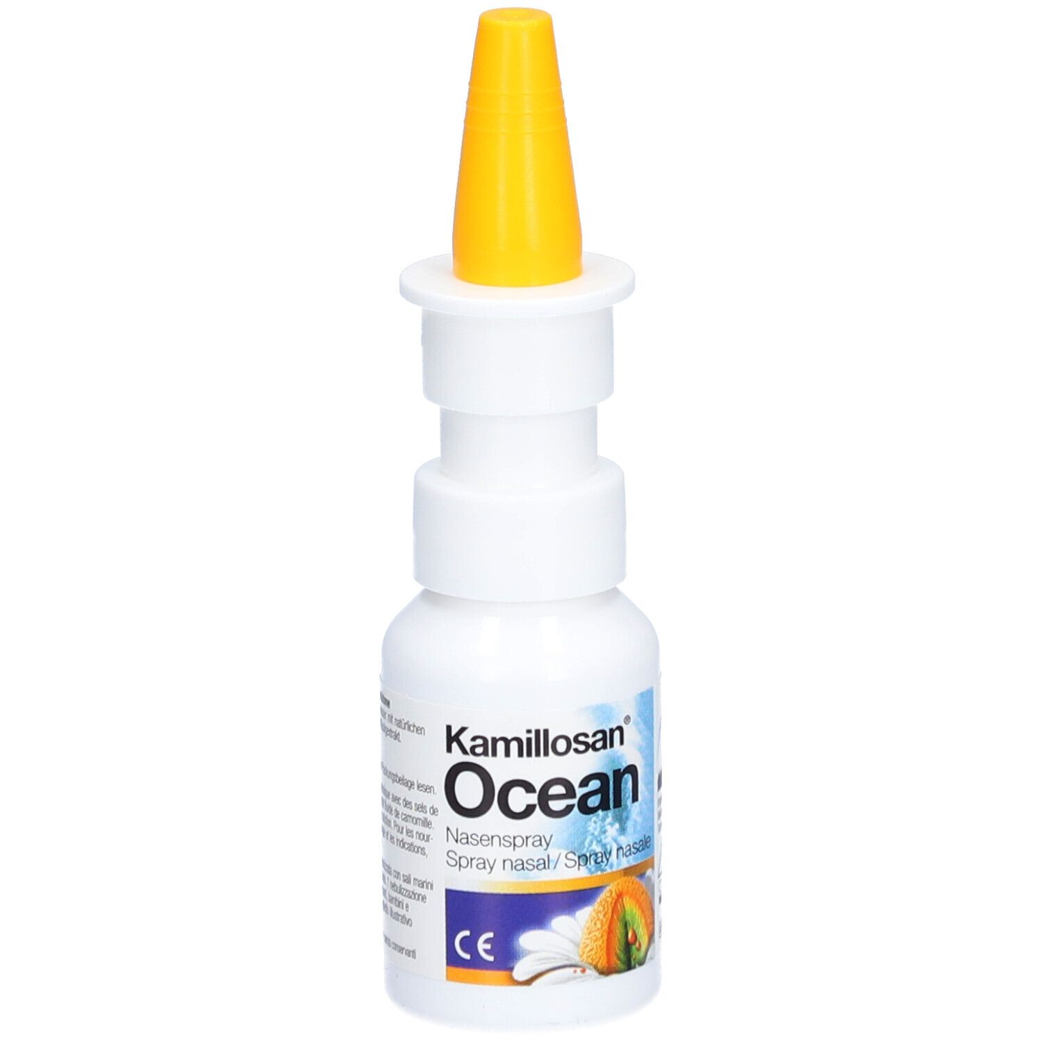 Weiße Flasche mit gelbem Sprühkopf. Aufschrift: Kamillosan Ocean Nasenspray. Abbildung einer Frucht. CE-Zeichen.