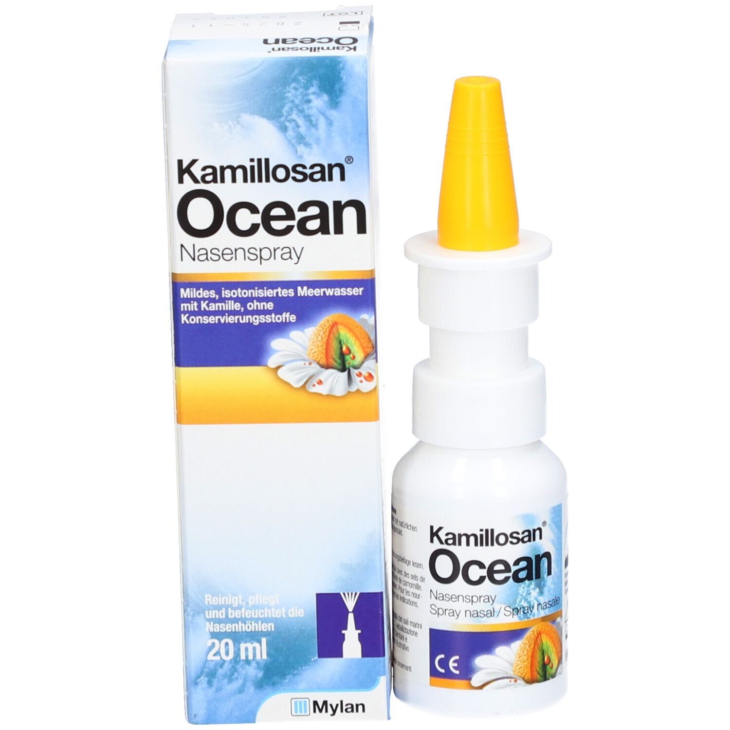 Produkt und Verpackung. Weiße Flasche mit gelbem Sprühkopf und Karton. Aufschrift: Kamillosan Ocean Nasenspray.