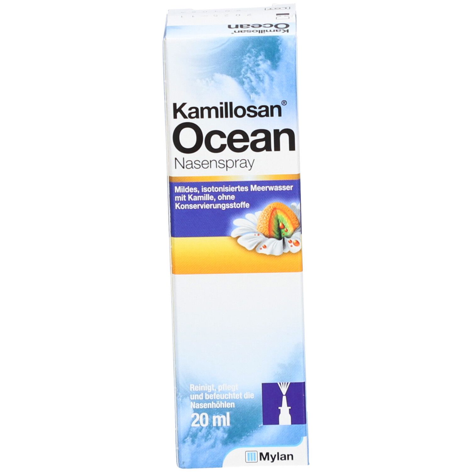 Kartonverpackung. Aufschrift: Kamillosan Ocean Nasenspray. Text und Abbildung. 20 ml.